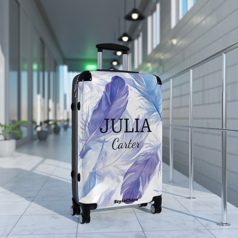 Koffer Rollgepäck Handgepäck Koffer mit Rollen Hartschalenkoffer Lavendel und Hellblauen Federn Boho Design Bild 6