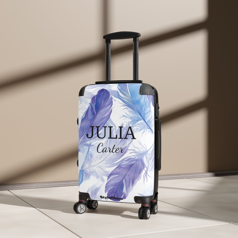 Koffer Rollgepäck Handgepäck Koffer mit Rollen Hartschalenkoffer Lavendel und Hellblauen Federn Boho Design Bild 7