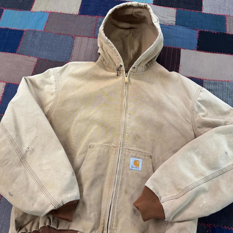 Vintage 90's Carhartt Workwear Tan Faded Hooded Essential Jacket Size XL image 2