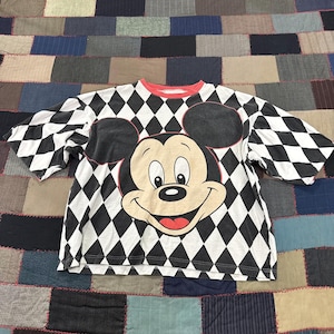 Vintage 90s Disney Fashions Mickey Mouse T-Shirt White Black Checkered Classic afbeelding 1