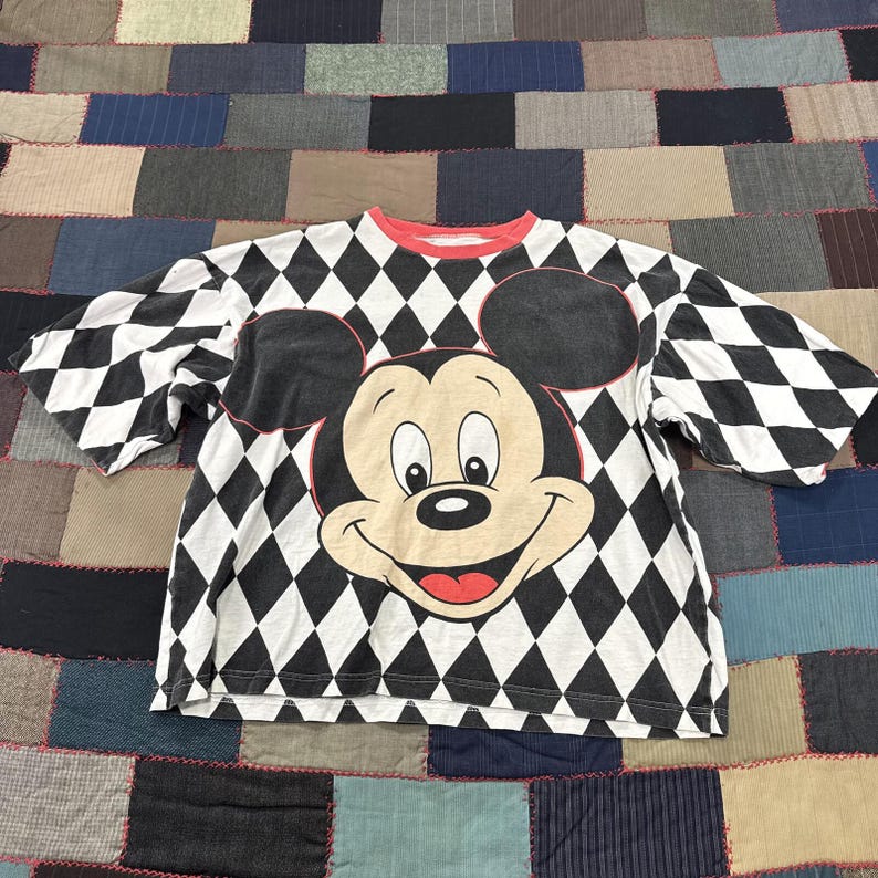 Vintage 90s Disney Fashions Mickey Mouse T-Shirt White Black Checkered Classic afbeelding 1