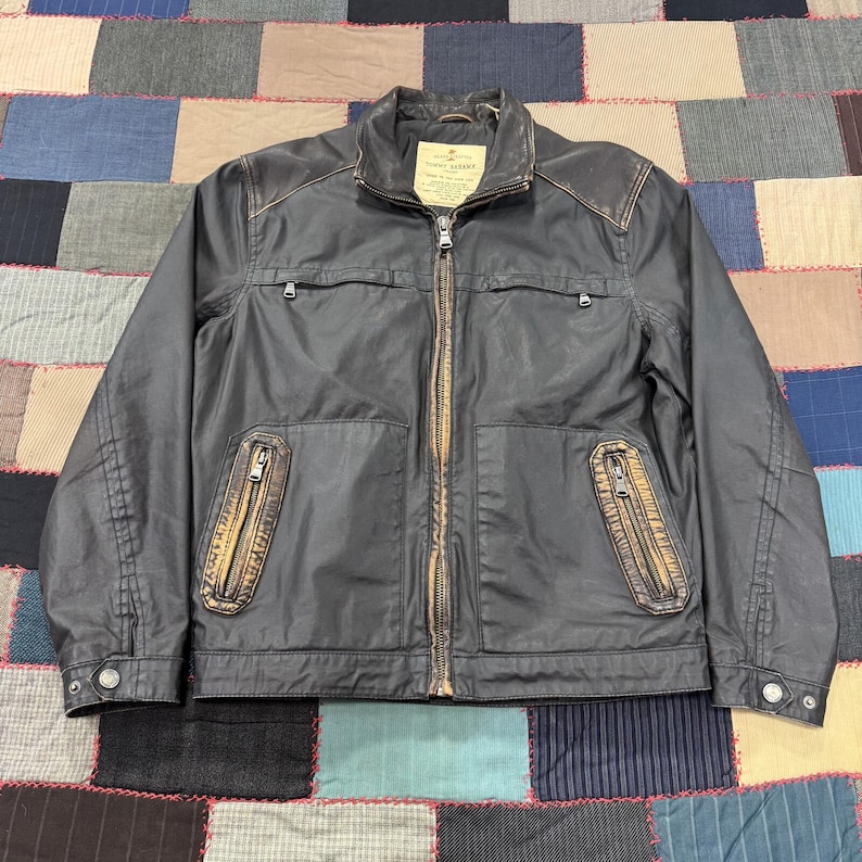Vintage Tommy Bahama Biker Jacket Men's Black Cotton Leather Winter - Medium image 1