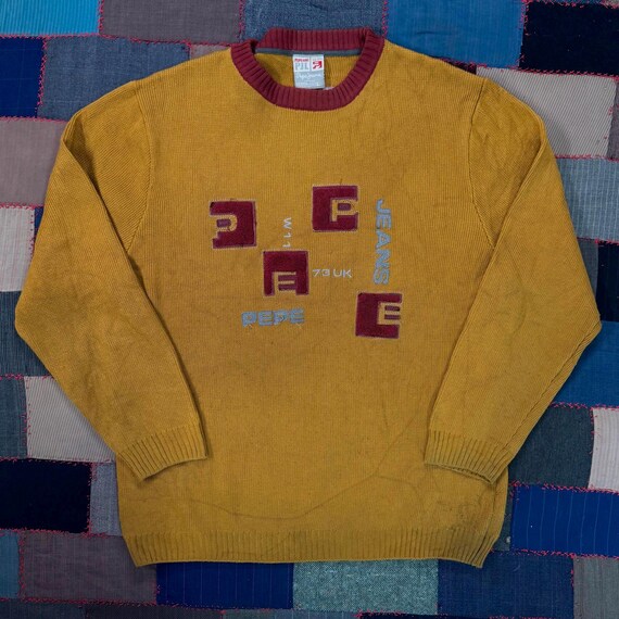 Pepe Jeans, Vintage Pepe Jeans Sweater 90s Faded Mustard Knit Crewneck Boxy Streetwear