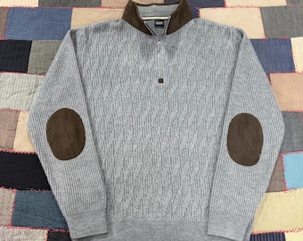 Vintage 90s Bugatti 1/4 Zip Mock Neck Sweater Men's Gray Knit Brown Elbow Patch