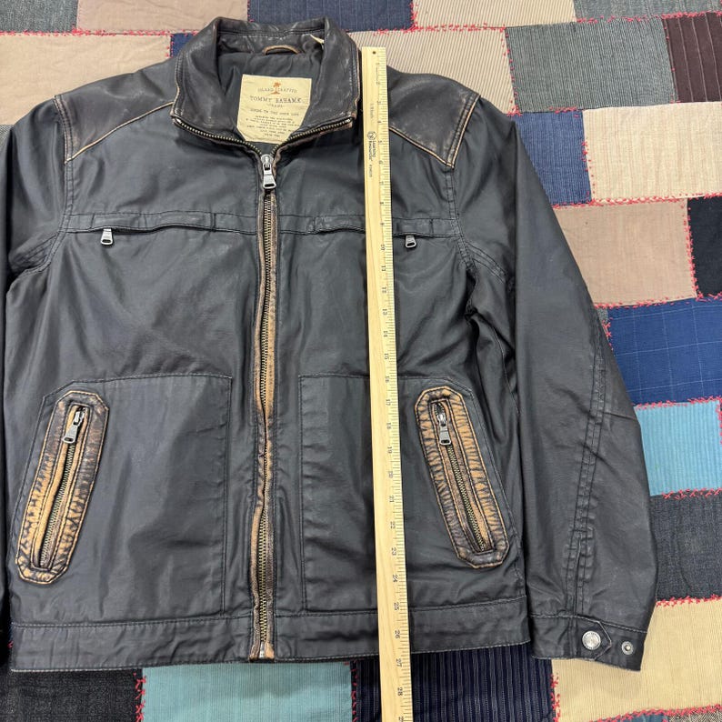 Vintage Tommy Bahama Biker Jacket Men's Black Cotton Leather Winter - Medium image 3