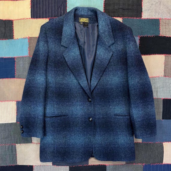 Eddie Bauer, Vintage 80s Eddie Bauer Shadow Plaid Wool Blazer Ombre Textured Womens M