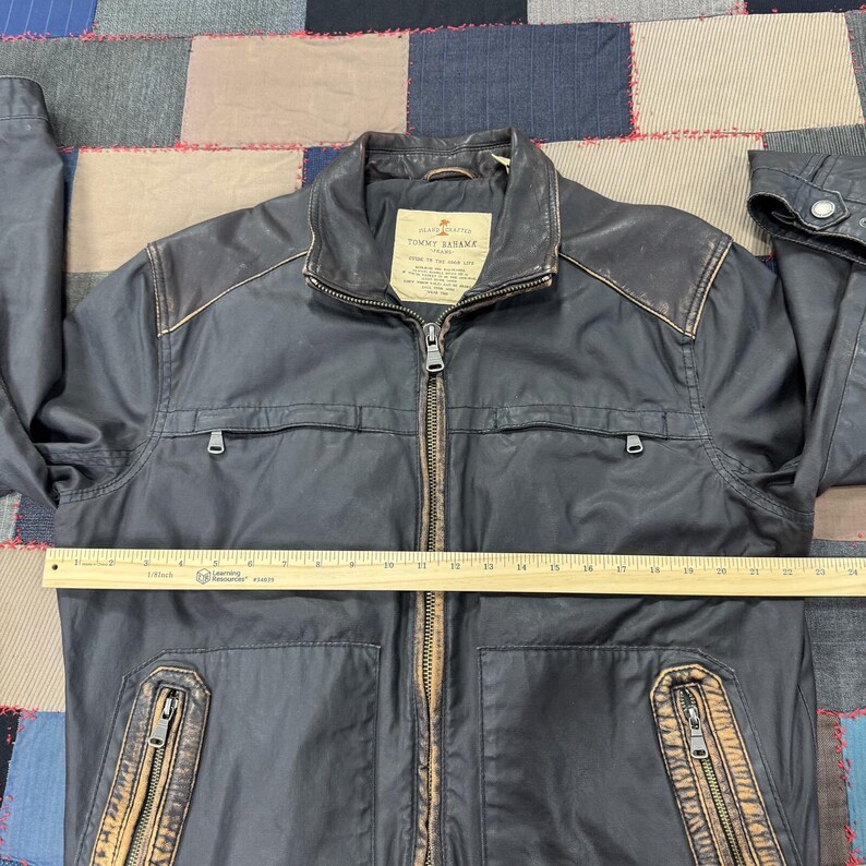 Vintage Tommy Bahama Biker Jacket Men's Black Cotton Leather Winter - Medium image 4