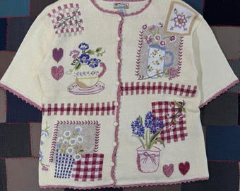 Vintage 90s Cottage Core Heirloom Collectibles Floral Patchwork Knit Cardigan
