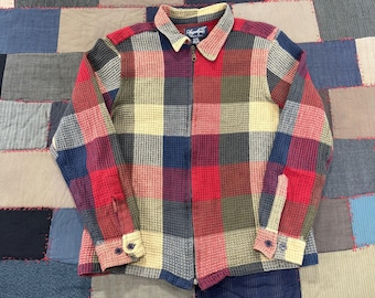 Vintage 90s Angelique Patchwork Plaid Jacket Waffle Texture Knit Full Zip - M