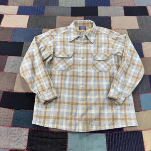 Vintage 70s Pendleton Wool Plaid Board Shirt Loop Collar Classic USA Made - L