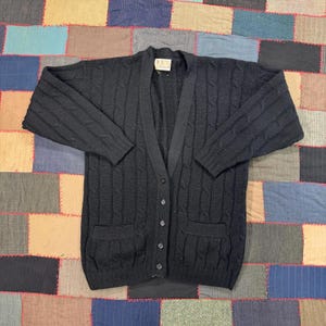 Vintage 80's Pendleton Black Wool Cable Knit Cardigan Sweater Size L zdjęcie 1