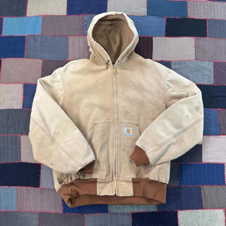 Vintage 90's Carhartt Workwear Tan Faded Hooded Essential Jacket Size XL image 1