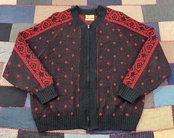 Vintage 60s Sears Sportswear Cardigan Men's Black Red Nordic Print Sweater Large