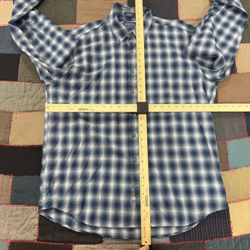 Sir Pendleton Fine Worsted Wool Button-Down Shirt Blue White Shadow Plaid - XL image 3