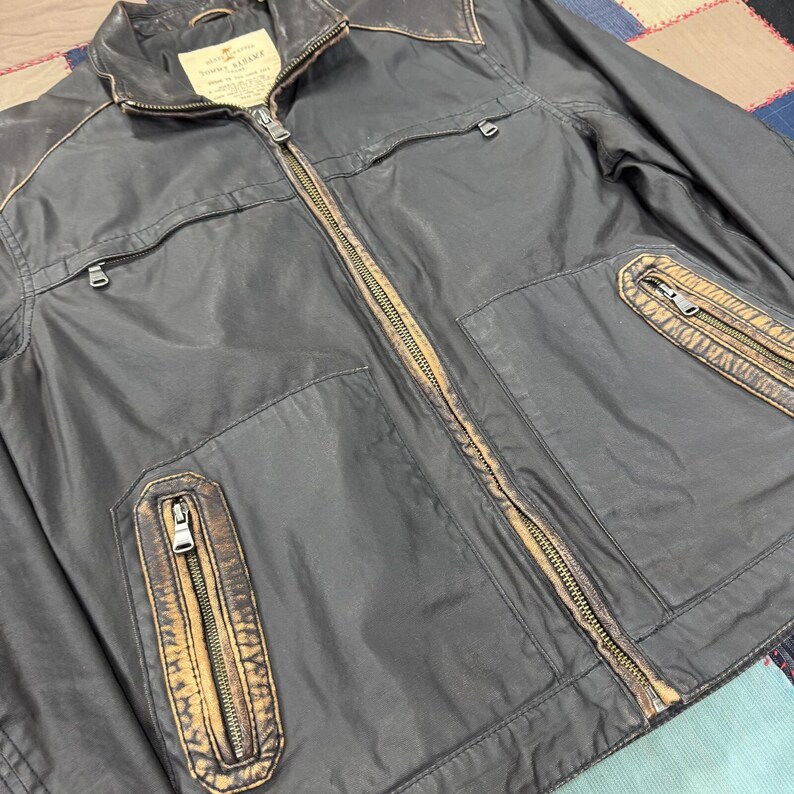 Vintage Tommy Bahama Biker Jacket Men's Black Cotton Leather Winter - Medium image 2