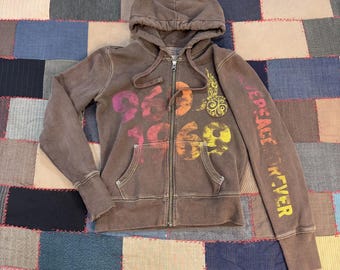 Vintage GAP 1969 Love Peace Forever Zip Hoodie Women's Brown Grunge Y2K - Small