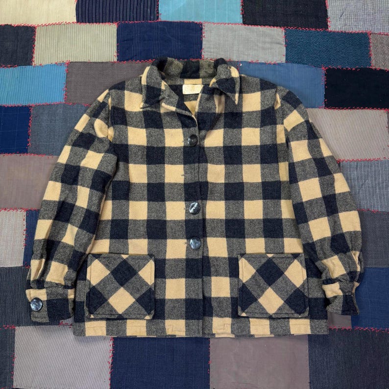Vintage 50s Pendleton 100% Wool Chore Jacket Black Tan Plaid Button Up image 1