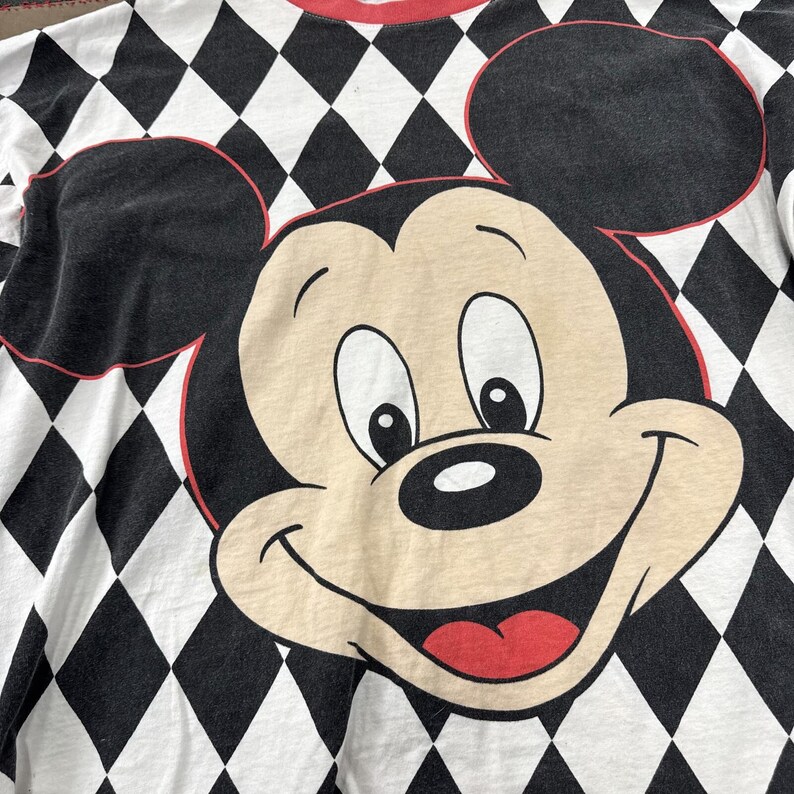 Vintage 90s Disney Fashions Mickey Mouse T-Shirt White Black Checkered Classic afbeelding 2