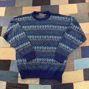 May include: A long-sleeve crew neck sweater featuring a repeating geometric pattern in shades of navy blue, teal, light blue, and white. The garment has a solid navy blue ribbed knit collar, cuffs, and hem, with a small rectangular brand label at the neck.