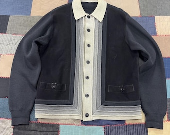 Vintage 50's Shadow Cardigan Rockabilly Men's Black Suede / Wool Knit Sweater -M