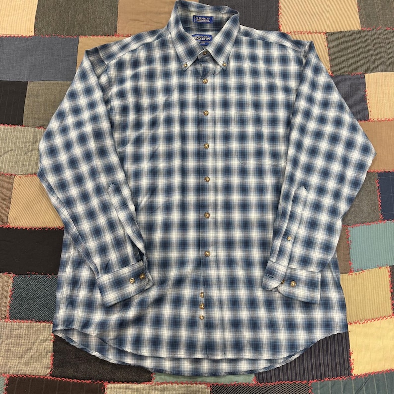 Sir Pendleton Fine Worsted Wool Button-Down Shirt Blue White Shadow Plaid - XL image 1