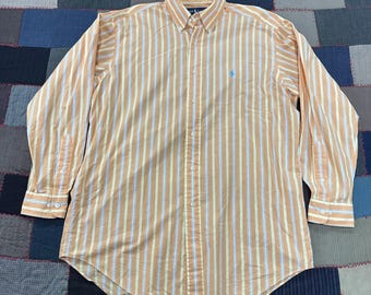 Vintage 90s Ralph Lauren Button-Down Dress Shirt Mens Orange Oxford Striped 15.5