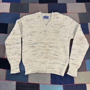 VTG 80s Pendleton Virgin Wool Sweater Cream Knit V-Neck Pullover USA Made Medium image 1