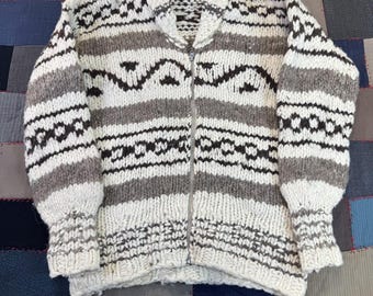 Vintage 50's Cowichan Full Zip Mens Cream Wool Knit Shawl Neck Sweater Flaw