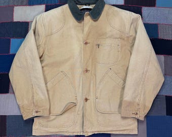 Vintage 80s L.L. Bean Tan Chore Barn Jacket Sun Faded Plaid line Corduroy Collar