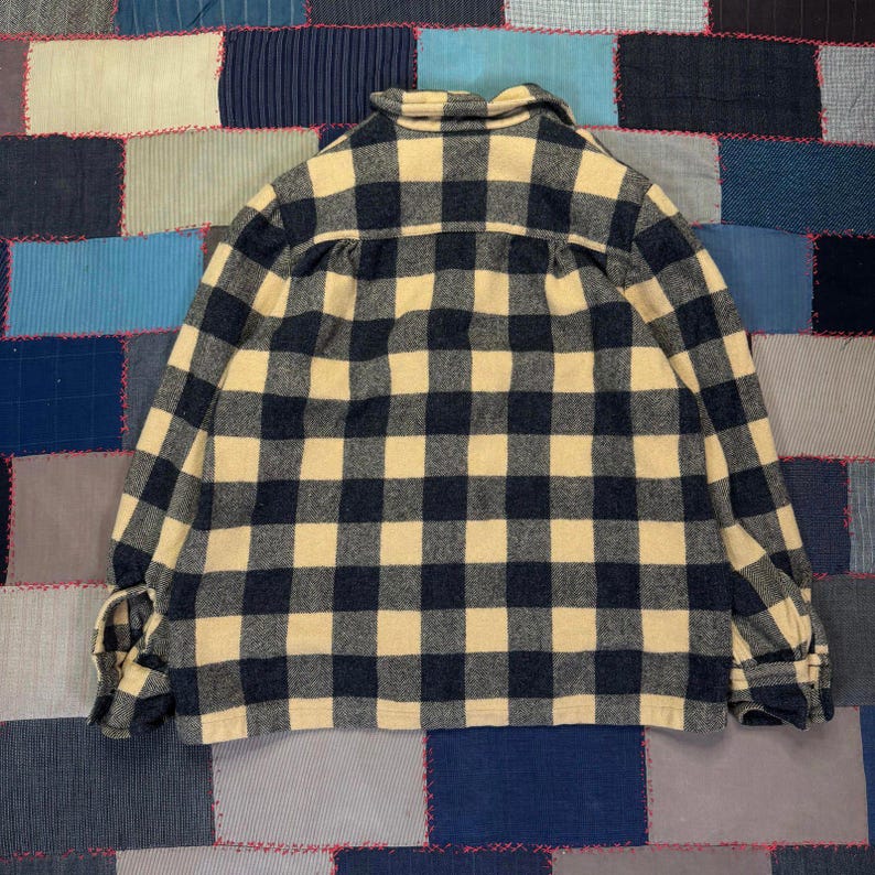 Vintage 50s Pendleton 100% Wool Chore Jacket Black Tan Plaid Button Up image 6
