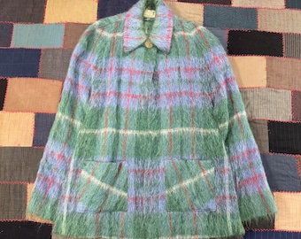 Vintage 60s Andrew Stewart Mohair/Wool Plaid Fuzzy Scotland Poncho Style Cape