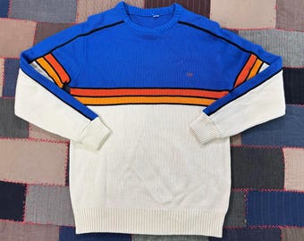 Vintage 90s OP Ocean Pacific Colorblock Knit Sweater Blue White Orange Striped