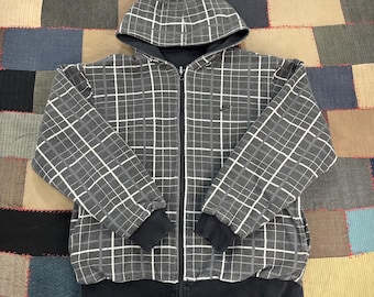 Vintage 90s Y2K Nike Reversible Full Zip Hoodie Gray Plaid Grid Print Sports