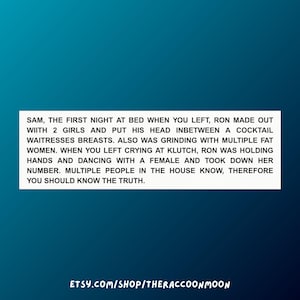 May include: A white rectangular block of text on a dark teal background. The text details a story about a person named Ron and a person named Sam. The Etsy shop URL is at the bottom.