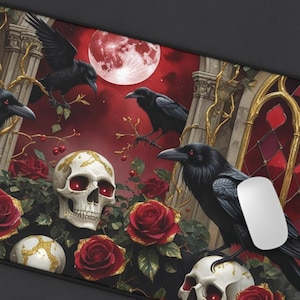 Gothic Garden Deskmat, Victorian Poe Raven Mouse Pad, Mythical Fantasy Dark Academy Mousepad, Halloween Dark Aesthetic Skull and Rose Design