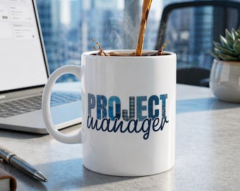 Blue Patchwork Project Manager Mug Corporate Ceramic Coffee Cup 11oz PM Gift Tea Drinker Desk Decor