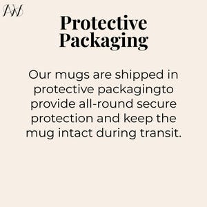 May include: Cream-colored background with the text "Protective Packaging" in bold black font. Below, the text explains that mugs are shipped in protective packaging for secure transit.