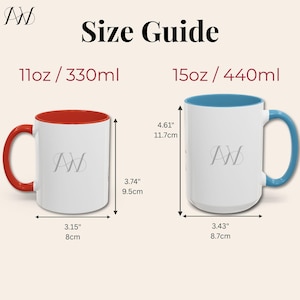 May include: Size guide for two white ceramic mugs. One mug has a red interior and handle, the other has a blue interior and handle. Measurements are provided in inches and centimeters. The text "Size Guide" is at the top.