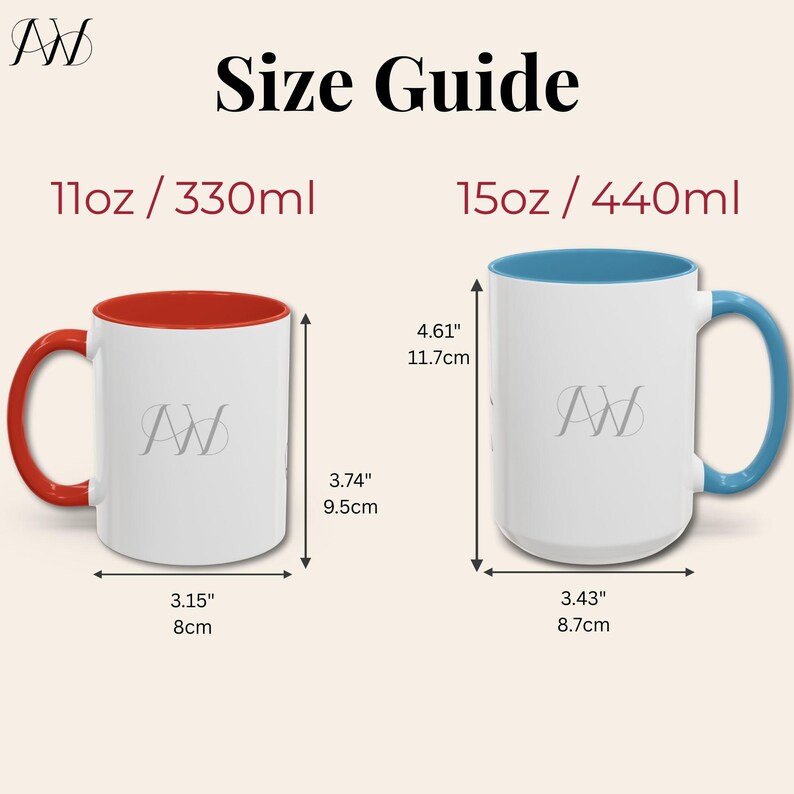 May include: Size guide for two white ceramic mugs. One mug has a red interior and handle, the other has a blue interior and handle. Measurements are provided in inches and centimeters. The text "Size Guide" is at the top.