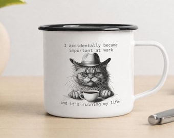 Sarcastic Cat Enamel Camping Mug Burnout Humor Coworker Gift Personalized Camp Cup Funny Boss Gift Corporate Office Secret Santa