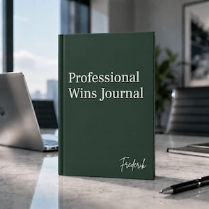 May include: A dark green journal with the text "Professional Wins Journal" in white. The journal has a signature that reads "Frederik" in white. A laptop and pen are visible in the background.