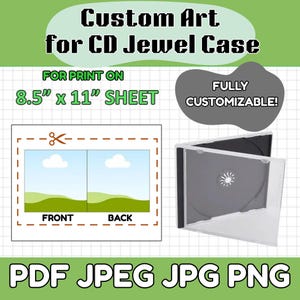 Może przedstawiać: Obraz szablonu projektu etui na płyty CD. Projekt jest przeznaczony na arkusz o wymiarach 21,6 cm x 28 cm i zawiera układ przodu i tyłu z ilustracją krajobrazu. Obraz zawiera również tekst "Custom Art for CD Jewel Case" i "Fully Customizable!"