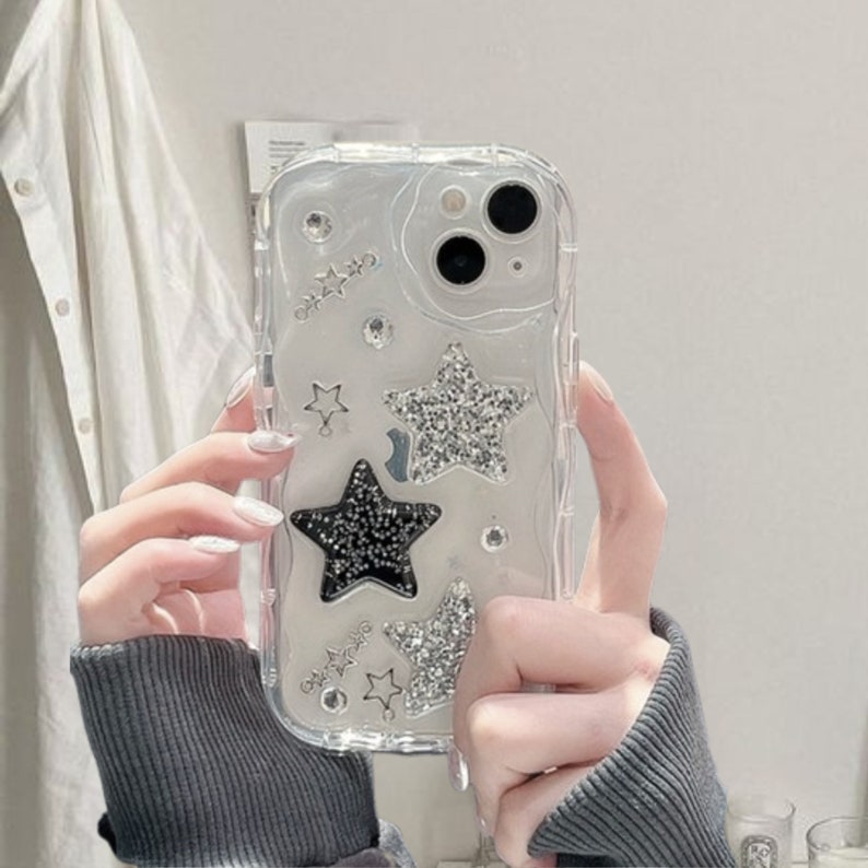 Sparkling Star 3D Black Grey Phone Case, Y2K Korean Silver Star Phone