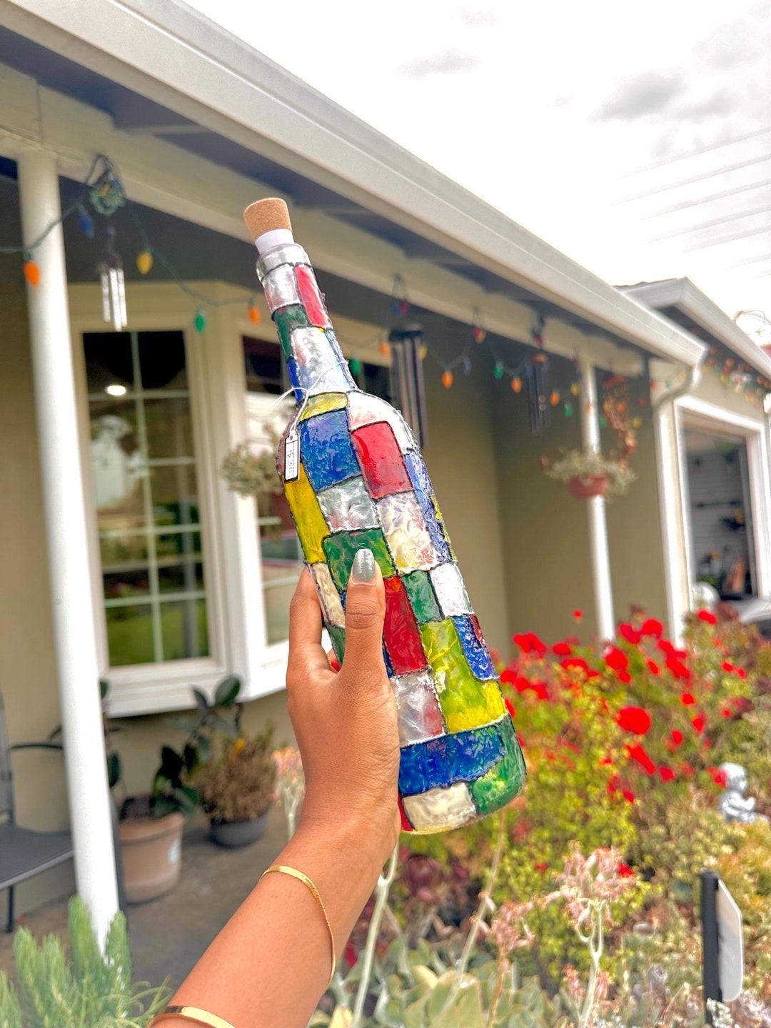 Stained Glass Wine Bottle Decor – Rechargeable Fairy Lights - Etsy