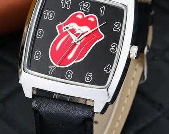 Seltene Quarzuhr im Rolling-Stones-Stil mit rotem Lippen-Design und quadratischem Zeiger für Damen und Herren, verstellbares Lederarmband im Lieferumfang enthalten. Nagelneu