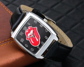 Rolling Stones Style Quartz Watch with Red Lips Design and Square Pointer for Men and Women adjustable Leather Strap Included Brand New