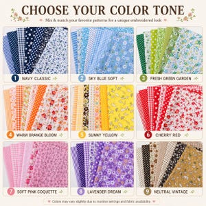 May include: A selection of fabric swatches in various colors and patterns, including navy, sky blue, green, orange, yellow, red, pink, purple, and neutral tones. The text "CHOOSE YOUR COLOR TONE" is at the top, with color names and numbers below each swatch.