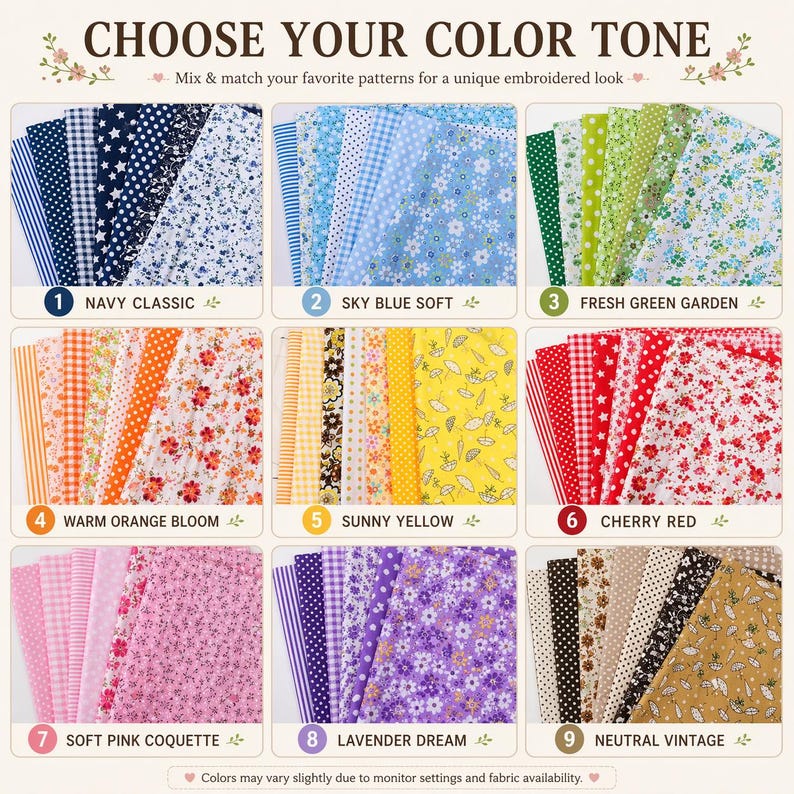 May include: A selection of fabric swatches in various colors and patterns, including navy, sky blue, green, orange, yellow, red, pink, purple, and neutral tones. The text "CHOOSE YOUR COLOR TONE" is at the top, with color names and numbers below each swatch.