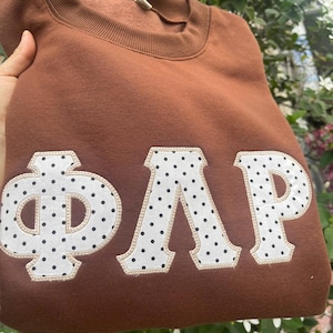 May include: A brown sweatshirt featuring the letters "ΦΛP" on the front. The letters are white with black polka dots and a brown outline. The sweatshirt has a crew neck and long sleeves.