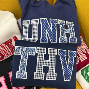 Embroidered Custom Sweatshirt Applique Letters – Personalized College Crewneck Gingham Floral Patchwork Varsity Shirt Trendy Gift image 3